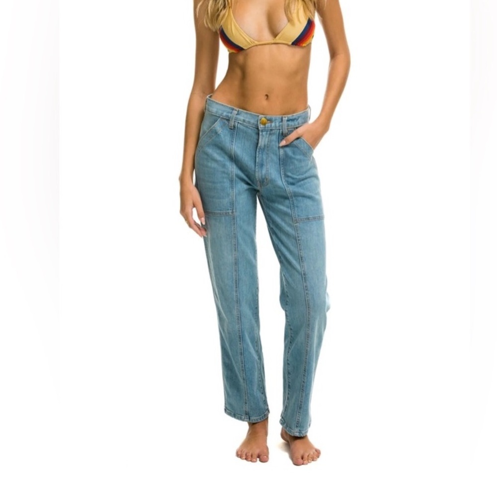 Aviator Nation Jessica High Rise Straight Leg Patch Pocket Loose Baggy Jeans 28